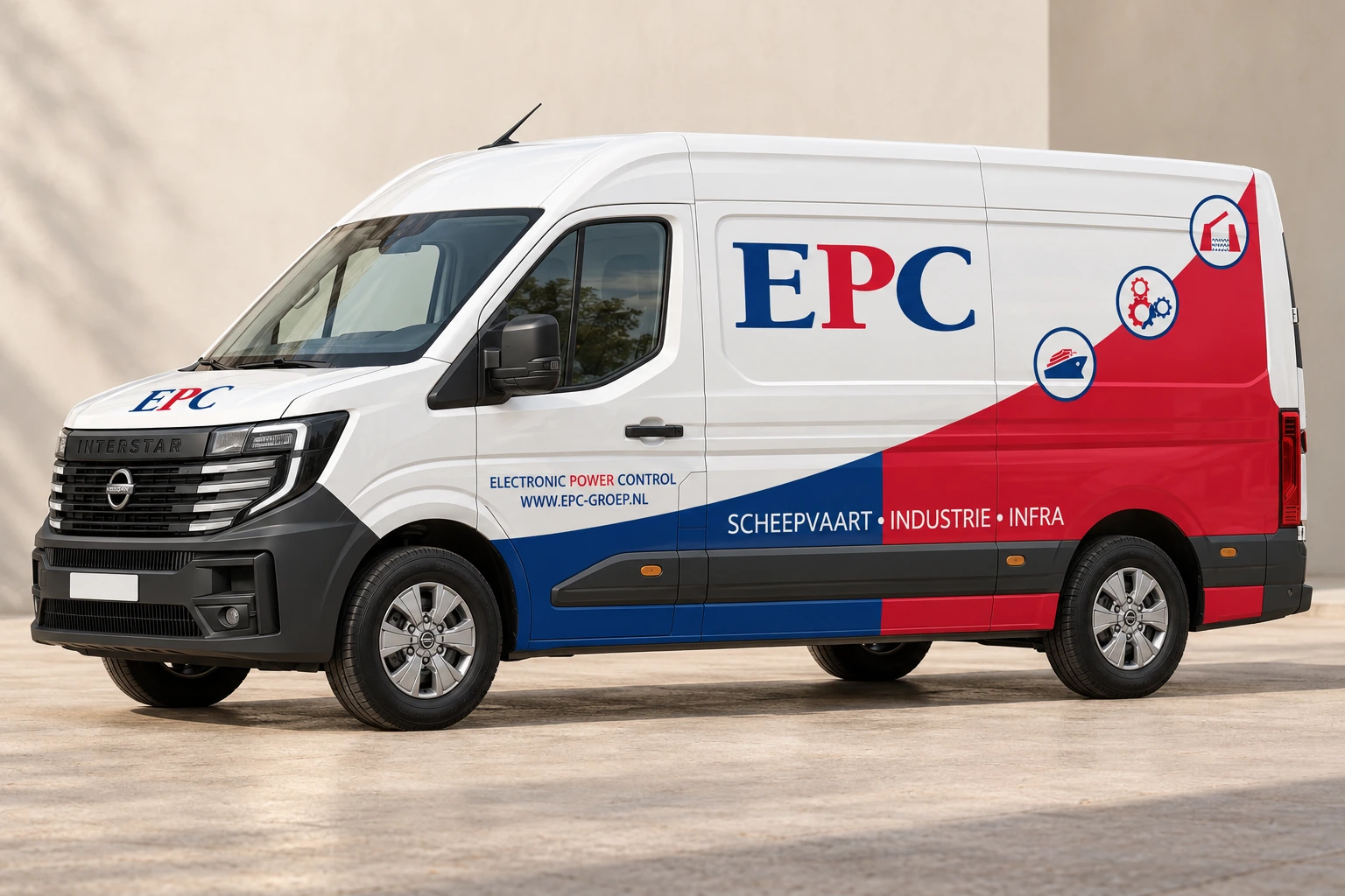 Mockup van de EPC-belettering op een witte Nissan-bestelbus