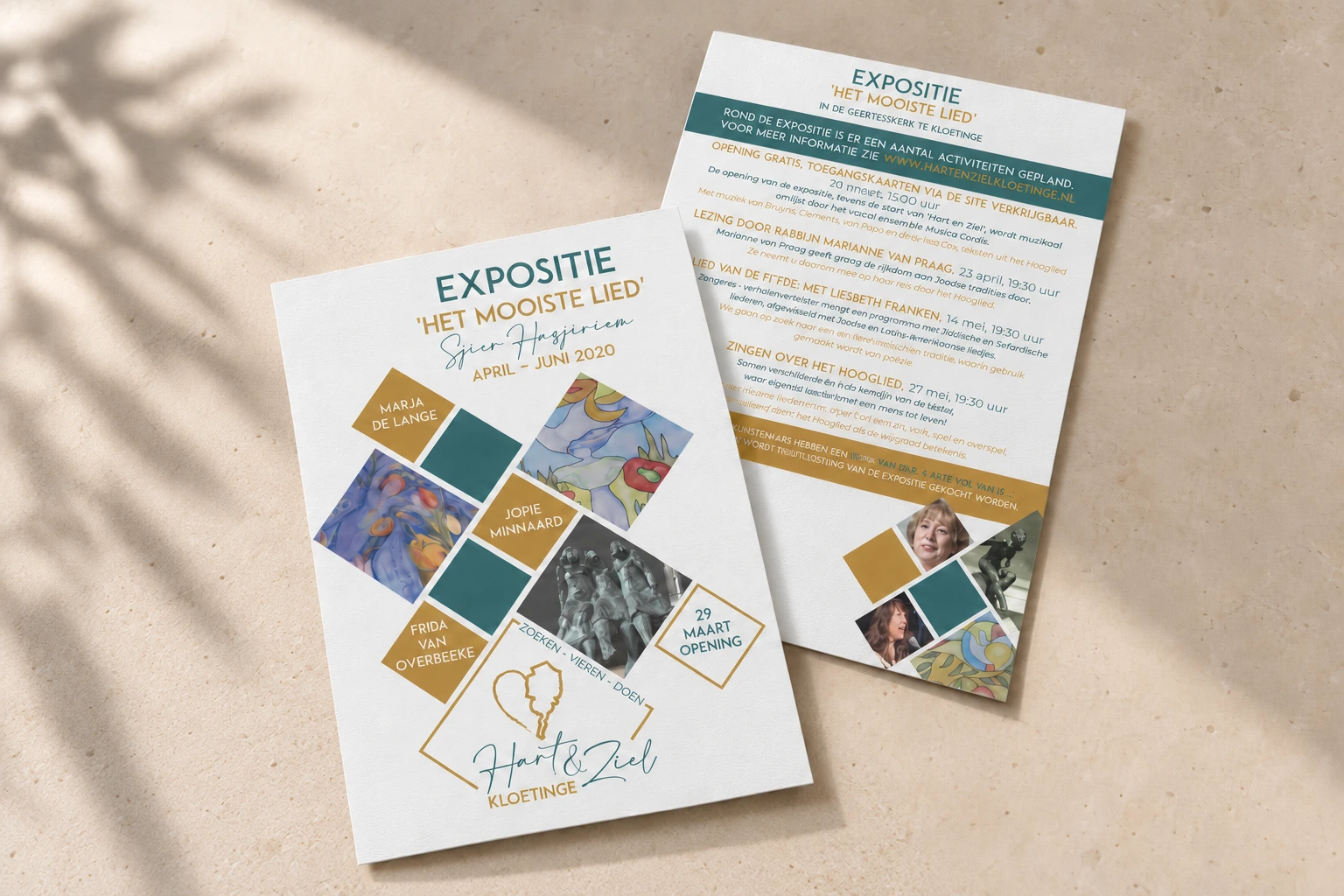 Voor- en achterkant van de expositieflyers voor Hart en Ziel Kloetinge