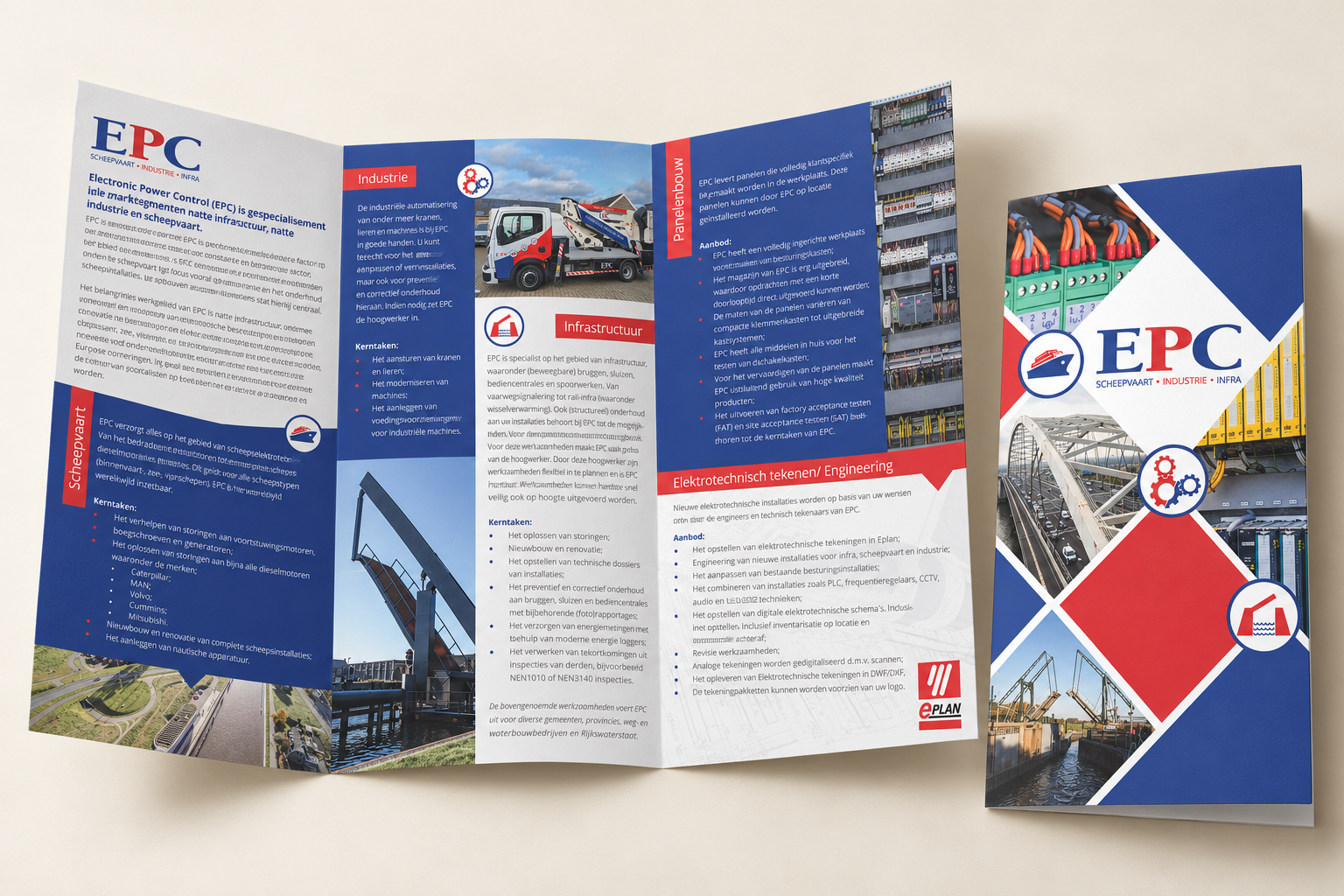 Mockup van de EPC-drieluikbrochure met de omslag en de geopende binnenzijde