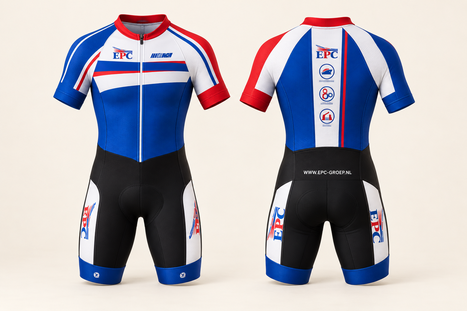 Mockup van de voor- en achterkant van EPC-fietskleding in blauw, rood, wit en zwart op een beige achtergrond